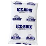 The product is a white Ice-Brix® gel refrigerant pack, labeled in blue, measuring 5 x 2.75 x 0.75 inches and weighing 3 oz. Its leakproof and reliable, ideal for efficient cooling. Each case includes 96 packs.