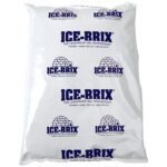 The 10 1/4 x 8 x 1 1/2 - 48 oz. Ice-Brix® Cold Packs, labeled The leakproof gel refrigerant, are reusable, colder than ice, safe, and nontoxic. They provide reliable cooling in every six-pack case.