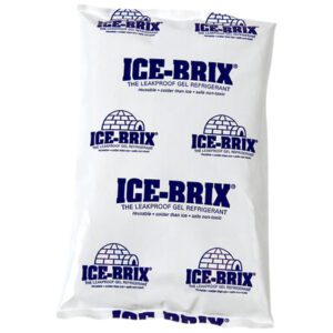 The 6 x 4 x 3/4, 8 oz. Ice-Brix® Cold Pack features blue text, igloo illustrations, and displays Ice-Brix and The Leakproof Gel Refrigerant. Each case includes 36 premium packs for optimal cooling.