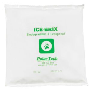 A 6 x 6 x 1 Ice-Brix® pack, weighing 12 oz., is biodegradable and leakproof with a green paw print logo. Branded by Polar Tech Industries, Inc., these packs are available in cases of 48.