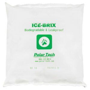 A 6 1/4 x 6 x 1 Ice-Brix® Biodegradable Pack weighing 16 oz. is white and leakproof, with a green paw print and Polar Tech branding. Website links and product codes are on the front, available in cases of 36.