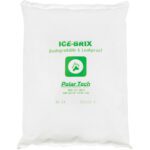 The white Polar Tech Ice-Brix® pack, labeled with green text and a paw print logo, is biodegradable and leakproof. It measures 8 x 6 x 1 1/4, weighs 24 oz., comes in cases of 24, and includes brand contact details below.