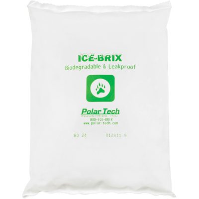 IBB24.jpg The white Polar Tech Ice-Brix® pack, labeled with green text and a paw print logo, is biodegradable and leakproof. It measures 8 x 6 x 1 1/4, weighs 24 oz., comes in cases of 24, and includes brand contact details below.
