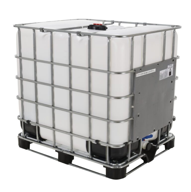 IBC-275_A.jpg The Vestil Intermediate Bulk Container 275 Gal Cap includes a large white tank in a steel cage on a sturdy black plastic pallet, with a top capped opening and bottom valve for easy dispensing.