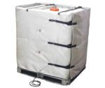 The Vestil Wrap-Around Tote Tank Heater 48In insulates your gray IBC tote with secure black straps and buckles, a base power cord, and sits on a black pallet with an orange cap for added security and functionality.