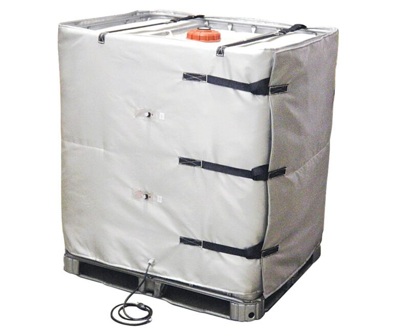 IBC-HEAT-330_A.jpg The Vestil Wrap-Around Tote Tank Heater 48In insulates your gray IBC tote with secure black straps and buckles, a base power cord, and sits on a black pallet with an orange cap for added security and functionality.