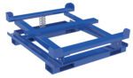The blue metal pallet resembles the Vestil Ibc Tilt Stand W/ Fork Pockets, featuring a spring mechanism for lifting items. Its design includes cross beams and rectangular frames, ensuring stability and robust support.
