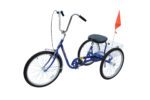The Vestil Standard Industrial Bicycle 250 lb Blue is a durable adult tricycle with a comfortable black seat and a sturdy rear metal basket. It includes an orange flag, enhancing safety, mounted on a pole behind the seat.