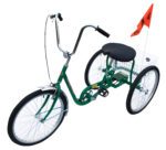 A sturdy green adult tricycle similar to the Vestil Standard Industrial Bicycle 250 Lb Green, equipped with a front wheel, two rear wheels, a black seat, and a white wire basket. It has shiny chrome handlebars and an orange safety flag at the back.