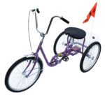 The Vestil Standard Industrial Bicycle 250Lb Purple is a tricycle with a large front wheel, two smaller rear wheels, a black seat, chrome handlebar, and white rear basket. It includes an orange safety flag for visibility and can carry up to 250 lbs.