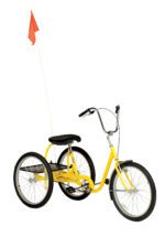 The Vestil Industrial Bicycle-Medium Duty-Yellow adult tricycle features a black seat and handlebars, a rear basket, and an orange triangular flag on a tall pole against a white background.