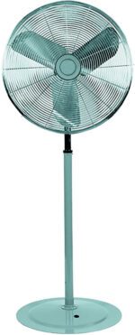 The Vestil Pedestal Circulator Fan 27 X 27 X 65.5 is a tall metal fan with three blades and a circular grille, featuring an adjustable pole on a round base, designed for optimal room airflow.