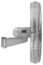 A large wall-mounted fan with protective grilles and a cylindrical motor, like the Vestil Oscillating Pedestal Fan 30 In Blade, is attached to a sturdy bracket. It features multiple blades for heavy-duty ventilation. The image is in black and white.