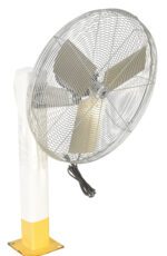 A large industrial pedestal fan with a durable metal frame and three blades, similar to the Vestil Wall Circulator Fan 30 In Blade 14.5X27. It stands on a striking yellow and white base, with a power cord extending from the motor housing at the back.