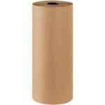 A 24 Indented Kraft Paper Roll (300/Roll) stands upright against a white background, featuring a textured brown pattern and a black circular core.