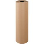 A 48 Indented Kraft Paper Roll (300/Roll) stands upright on its circular end against a plain white background, featuring a neatly wound and slightly textured surface, ideal for your packaging needs.