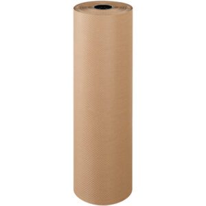 A 48 Indented Kraft Paper Roll (300/Roll) stands upright on its circular end against a plain white background, featuring a neatly wound and slightly textured surface, ideal for your packaging needs.