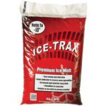 ICE-TRAX Premium Ice Melt comes in a 50 lbs red bag with white and black text. It melts ice to -10°F, acts fast, includes a color indicator for even spreading, and is concrete-friendly with no greasy residue. Also available as MH-USA Ice Melt (49 Bags/Skid).