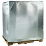 The MH-USA 48 x 40 x 60 Cool Barrier Bubble Pallet Cover (5/Case) features silver reflective insulation and bubble wrap design, effectively protecting pallet contents from temperature fluctuations.