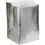 A reflective, silver-toned insulated bag with a bubble wrap texture stands upright like the MH-USA 16 x 16 x 16 Insulated Box Liners (15/Case). It has an open top and a rectangular shape, which is excellent for temperature retention and content protection.