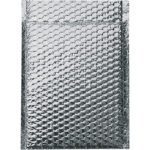 The MH-USA 10 x 10 1/2 Cool Barrier Bubble Mailers (100/Case) feature a shiny, reflective surface with raised bubbles for cushioning and a metallic flap for easy sealing, designed for secure and protective shipping.