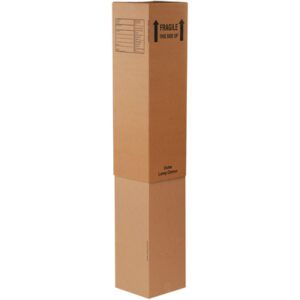 The MH-USA 12 x 12 x 46 inner lamp boxes (15/bundle) are tall, upright cardboard containers labeled FRAGILE THIS SIDE UP with arrows in black text and a printed order form on top, designed to securely transport and store lighting essentials.