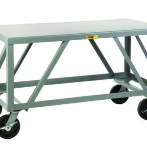 The Little Giant Extra Heavy Duty 7 Gauge Steel Mobile Table boasts a gray metal top and durable frame with four large black caster wheels, enhanced by diagonal support beams and a small front label to ensure robust durability and easy mobility for any workspace.