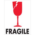 The MH-USA 3 x 4 Fragile labels (500/roll) feature a red wine glass icon with a crack above the bold word FRAGILE, on a white background, clearly indicating items need careful handling.