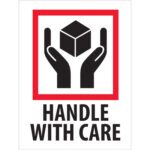 A red-bordered illustration shows two hands holding a cube, with the text MH-USA 3 x 4 - Handle With Care Labels (500/Roll) in bold black letters below.