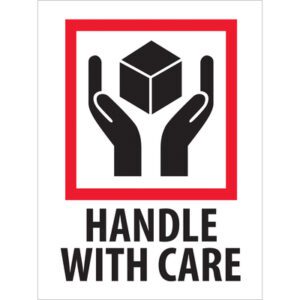 A red-bordered illustration shows two hands holding a cube, with the text MH-USA 3 x 4 - Handle With Care Labels (500/Roll) in bold black letters below.