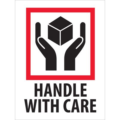 IPM302.jpg A red-bordered illustration shows two hands holding a cube, with the text MH-USA 3 x 4 - Handle With Care Labels (500/Roll) in bold black letters below.