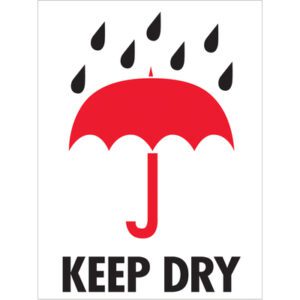 A red umbrella illustration with black raindrops is above bold black text, KEEP DRY, similar to the MH-USA 3 x 4 - Keep Dry Labels (500/Roll), on a white background.