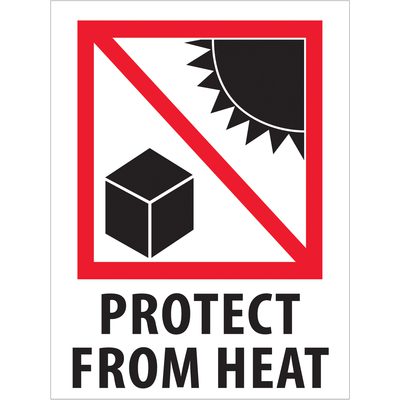 IPM304.jpg The MH-USA 3 x 4 - Protect from Heat Labels feature a warning sign with a red border, sun and cube crossed out, and bold black text. They come in rolls of 500 for easy labeling, ensuring your items are protected from heat.