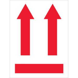 The MH-USA 3 x 4 labels show two red upward arrows on a white background above a bold red bar, indicating package orientation. Ideal for fragile items, each roll includes 500 essential labels.