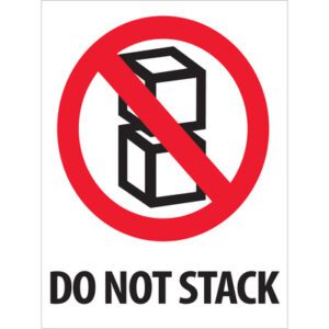 The MH-USA 3 x 4 - Do Not Stack Labels (500/Roll) feature a crossed-out two-box symbol with DO NOT STACK text below, warning against item stacking.
