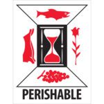 The diagram features symbols of perishable items: fish, meat, a rose, and grapes. A central hourglass suggests urgency. PERISHABLE is boldly exhibited at the bottom with MH-USA 3 x 4 labels (500/roll) for easy identification.