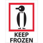 A black and white penguin icon with a bow tie is set in a red square, under which bold black text says KEEP FROZEN, mirroring the classic design of MH-USA 3 x 4 - Keep Frozen Labels (500/Roll).