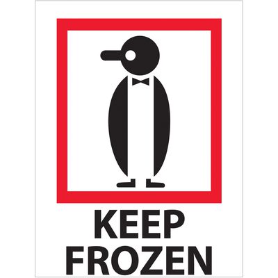 IPM314.jpg A black and white penguin icon with a bow tie is set in a red square, under which bold black text says KEEP FROZEN, mirroring the classic design of MH-USA 3 x 4 - Keep Frozen Labels (500/Roll).