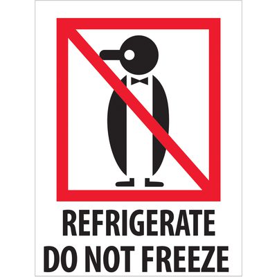 IPM315.jpg This illustration features a penguin inside a red-bordered square with a diagonal red line and bold black text stating REFRIGERATE DO NOT FREEZE, similar to MH-USAs 3 x 4 Refrigerate - Do Not Freeze Labels (500/Roll) for clear storage instructions.