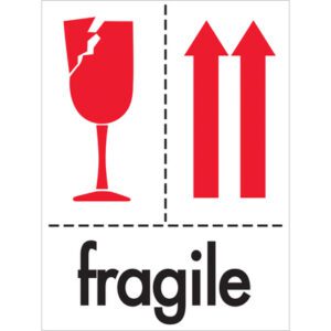 A sign with a red broken wine glass on the left, two red upward arrows on the right, and fragile in bold below resembles MH-USA 3 x 4 - Fragile Labels (500/Roll).