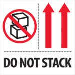 The MH-USA 4 x 4 Do Not Stack Labels (500/Roll) include a bold message DO NOT STACK, a crossed-out stacked boxes image, and two upward-pointing red arrows.