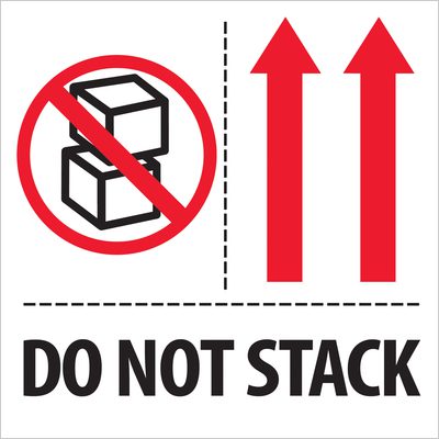 IPM324.jpg The MH-USA 4 x 4 Do Not Stack Labels (500/Roll) include a bold message DO NOT STACK, a crossed-out stacked boxes image, and two upward-pointing red arrows.