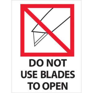 Enhance safety with MH-USA 3 x 4 Do Not Use Blades to Open Labels, featuring a red prohibition symbol over a blade illustration. Available in rolls of 500.