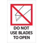 Enhance safety with MH-USA 4 x 6 Do Not Use Blades to Open labels featuring a crossed-out blade icon in a red circle and bold text. Available in rolls of 500.