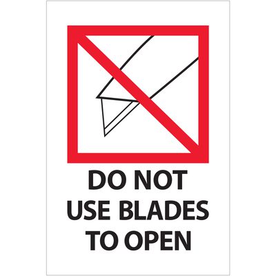 IPM504.jpg Enhance safety with MH-USA 4 x 6 Do Not Use Blades to Open labels featuring a crossed-out blade icon in a red circle and bold text. Available in rolls of 500.