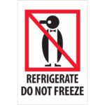 The MH-USA 4 x 6 - Refrigerate - Do Not Freeze Labels (500/Roll) feature a penguin graphic with a red prohibition symbol and text REFRIGERATE DO NOT FREEZE, ensuring items are kept in the refrigerator, not the freezer.