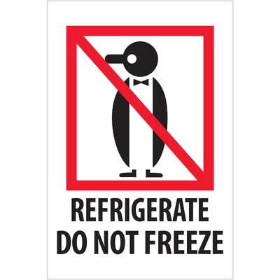 IPM505.jpg The MH-USA 4 x 6 - Refrigerate - Do Not Freeze Labels (500/Roll) feature a penguin graphic with a red prohibition symbol and text REFRIGERATE DO NOT FREEZE, ensuring items are kept in the refrigerator, not the freezer.