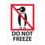 A cartoon penguin in a tuxedo with a red diagonal line across it is displayed, accompanied by the bold black text DO NOT FREEZE, much like the MH-USA 4 x 6 - Do Not Freeze Labels (500/Roll).
