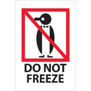 A cartoon penguin in a tuxedo with a red diagonal line across it is displayed, accompanied by the bold black text DO NOT FREEZE, much like the MH-USA 4 x 6 - Do Not Freeze Labels (500/Roll).