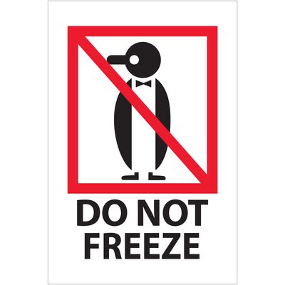 IPM506.jpg A cartoon penguin in a tuxedo with a red diagonal line across it is displayed, accompanied by the bold black text DO NOT FREEZE, much like the MH-USA 4 x 6 - Do Not Freeze Labels (500/Roll).